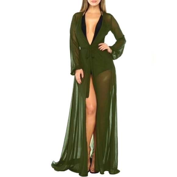 Army Green Sheer Floor Length Robe Long Moss Olive Maxi Dress Layer Deep V New - Picture 1 of 10